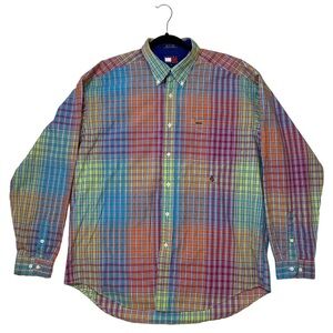 Vtg Tommy Hilfiger Rainbow Plaid Checkered Button‎ Down Dress Shirt Mens XL 90s